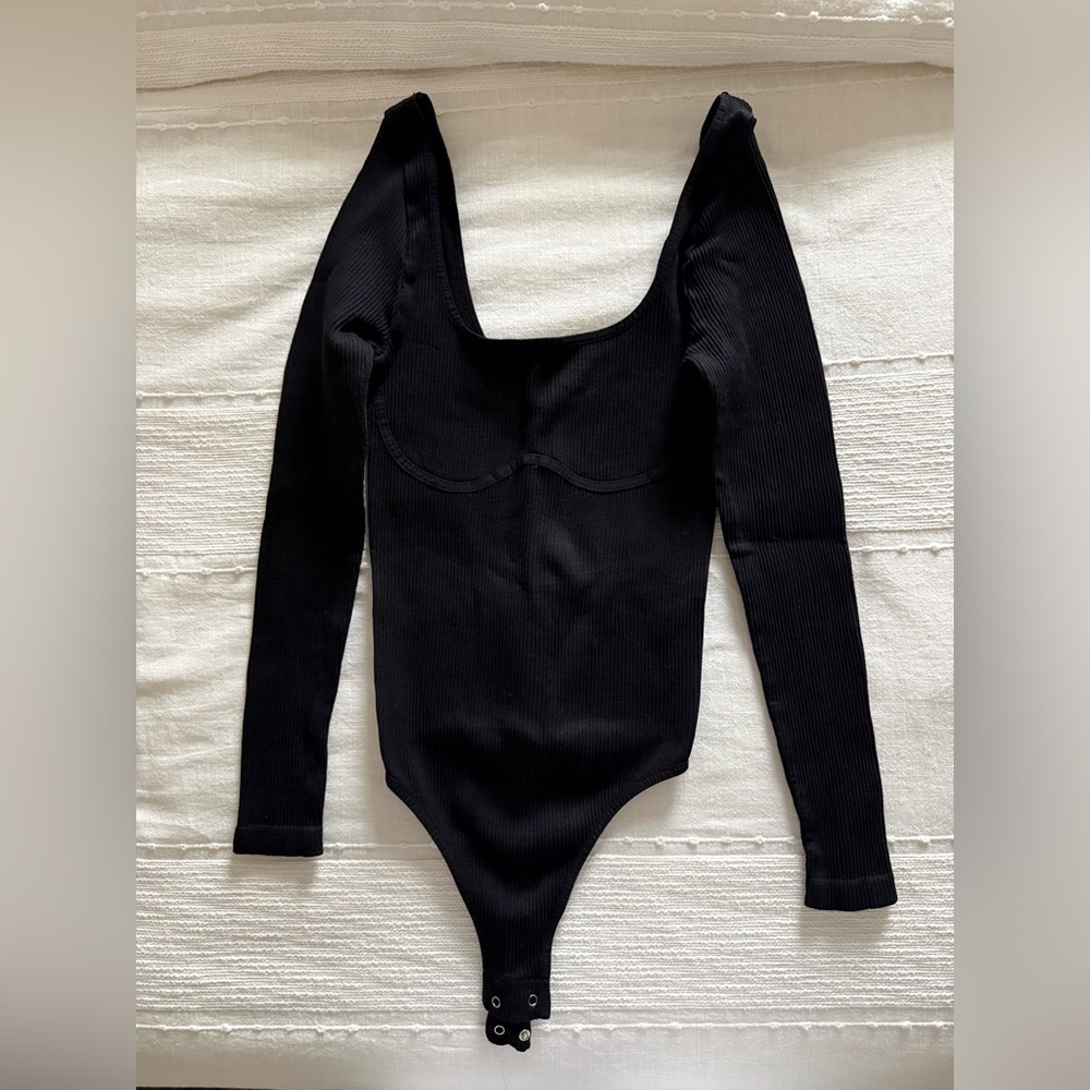 Free People Black Ribbed Long Sleeve Bodysuit